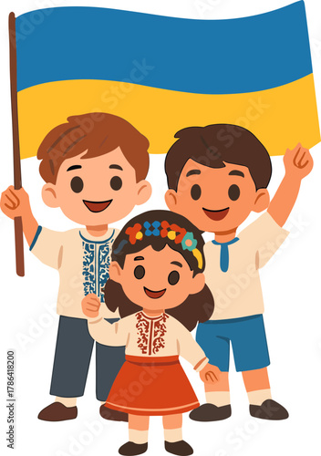 Three happy children in traditional Ukrainian clothing proudly holding and waving a large blue and yellow flag.