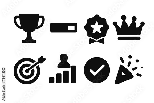User Achievement Icons. User achievements. Filled icon set of user achievements: trophy, progress bar, star