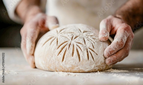 Close-up of baker's hands gently holding a beautifully scored loaf of fresh bread.