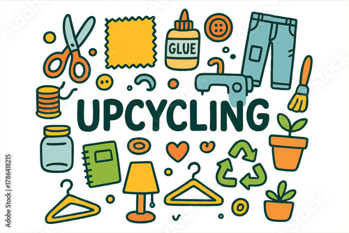 Creative Upcycling Doodle. Upcycling. Hand-drawn doodle illustration of Upcycling. Scissors, fabric, thread,
