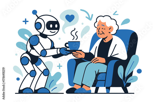 Robot Aided Elderly Care. Elderly care robots. A friendly robot handing a cup of tea to an elderly person