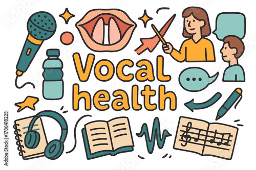 Vocal Health Doodle Art. Vocal health. Hand-drawn doodle illustration of vocal health. Microphone, vocal cords