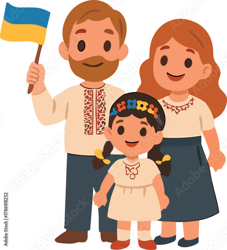 Happy family in traditional Ukrainian clothing smiling together, with the father holding a blue and yellow flag.