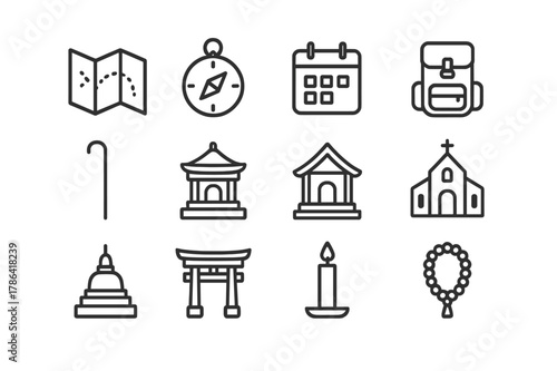 Pilgrimage Planning Icons. Pilgrimage planning. Line outline icon set of pilgrimage planning: map, compass,