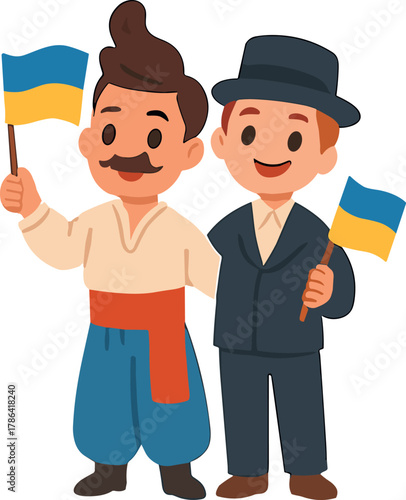 Two smiling men holding blue and yellow flags, dressed in traditional and formal Ukrainian clothing, standing side by side.
