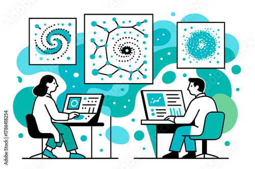 Holographic Universe Mapping. Universe mapping. Scientists at digital consoles surrounded by floating