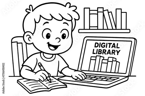 Online Learning Fun. Studying online children?s coloring book illustration, outlined drawing, happy child