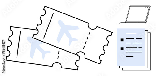 Two airplane tickets beside a laptop and stack of documents. Ideal for travel booking, trip planning, tourism, business, preparation, organization, productivity. Simple flat metaphor