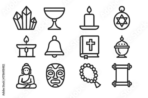 Spiritual Relics Icons. Spiritual relics. Line outline icon set of spiritual relics: crystal, chalice, candle,