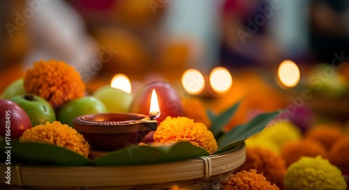 Fototapeta Naklejka Na Ścianę i Meble -  Lit diya with marigolds and fruits on woven tray lamp flame