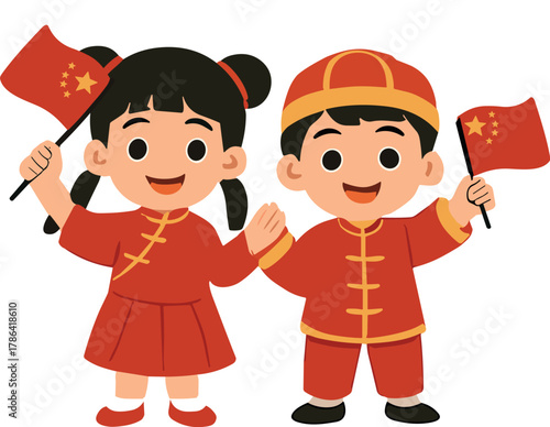 Smiling boy and girl in traditional red outfits waving red flags with yellow stars, celebrating together joyfully.