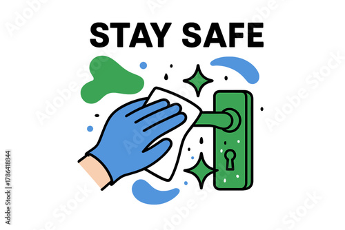 Cleaning Door Handle. Wiping down door handles. A hand wearing a glove cleans a shiny door handle with a