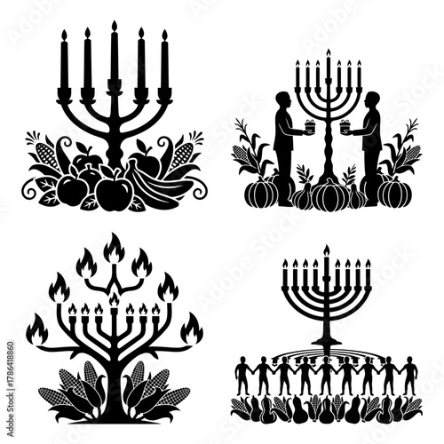 Kwanzaa Kinara Candle Flames Minimal Monoline Icon Set