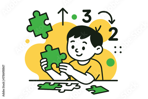 Cognitive Puzzle Play. Puzzle and problem-solving. A child assembling a jigsaw puzzle with floating abstract