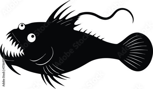Black Silhouette of a Deep Sea Anglerfish with Sharp Teeth