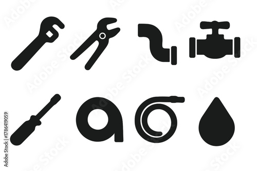 Plumbing Tools Icons. Plumbing tools. Filled icon set of plumbing tools: wrench, pliers, pipe, valve,