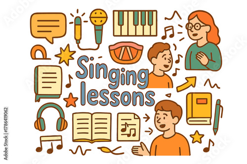 Joyful Singing Doodles. Singing lessons. Hand-drawn doodle illustration of singing lessons. Microphone, piano