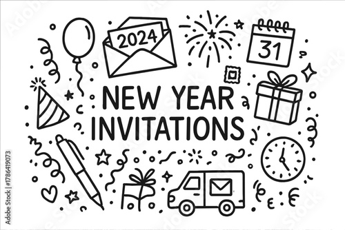 Festive Invitation Doodles. New Year Invitations. Hand-drawn doodle illustration of sending out New Year?s
