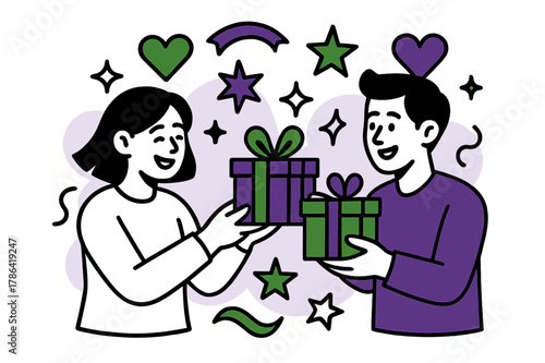 Joyful Gift Exchange. Gift exchange. Two friends happily exchanging presents with floating geometric hearts,