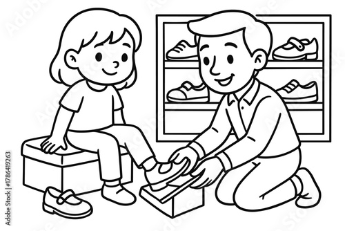 Children's Shoe Fitting. Shoe fitting children?s coloring book illustration, outlined drawing, child trying on