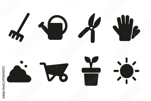 Garden Maintenance Icons. Garden maintenance. Filled icon set of garden maintenance: rake, watering can,