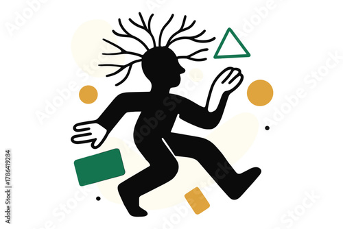 Mindful Motion Art. Mind in motion. Abstract human silhouette with neural lines radiating outward like