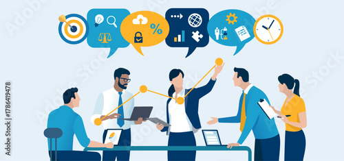 Presentation, vision, strategy . The female leader explains her idea. Discussing business plan. Vector illustration