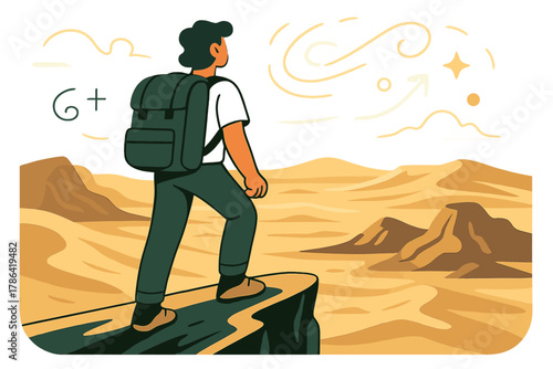 Cliffside Desert Contemplation. A person standing at the edge of a cliff, looking out over a vast desert