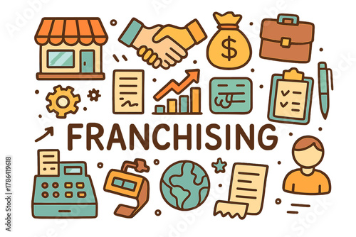 Franchising Doodle Illustration. Franchising. Hand-drawn doodle illustration of Franchising. Storefront,