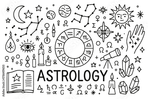 Astrology Doodle Illustration. Astrology. Hand-drawn doodle illustration of astrology. zodiac wheel, moon,