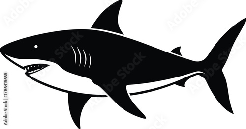 Black silhouette of a great white shark with open mouth
