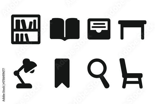 Library Resources Icons. Library resources. Filled icon set of library resources: bookshelf, open book,
