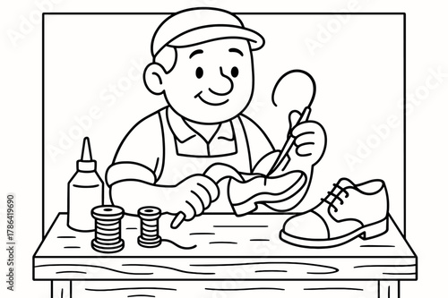 Cobbler's Coloring Page. Shoe maker children?s coloring book illustration, outlined drawing, friendly cobbler