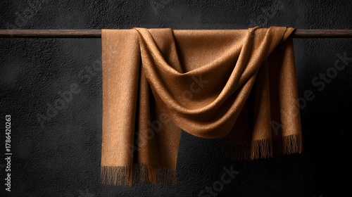 Elegant Brown Scarf Drapped Over Wooden Bar with Dark Background for Luxury Apparel and Textile Concepts Fashionable Accessory Photography Studio Shot