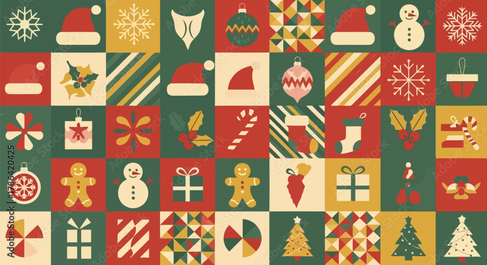 Fototapeta premium Vector illustration of vibrant christmas pattern featuring festive icons like snowflakes, santa hats, gingerbread men, and christmas trees in a retro style