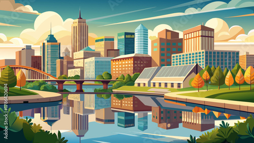 Very beautiful cityscape of Rochester, Minnesota, USA along the Zumbro River, featuring modern buildings, calm reflective water, soft natural light, and a realistic peaceful urban landscape.