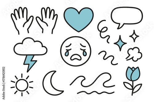 Emotional Expression Doodles. // Emotional expression. Hand-drawn doodle illustration Emotional expression [hands (accented), heart (accented), face with tears