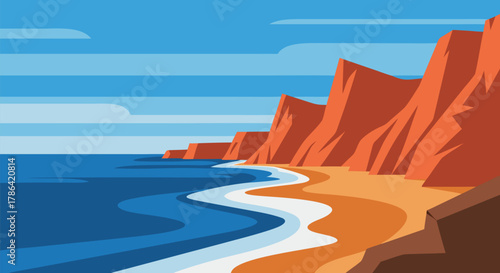 Coastal Serenity A Vibrant Illustration of Ocean Waves Gently Kissing a Sandy Beach Lined with Rugged Cliffs Under a Clear Blue Sky