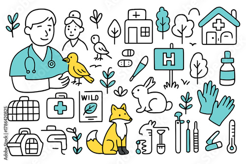 Sanctuary Animal Care. Wildlife sanctuary. Hand-drawn doodle illustration veterinarian (colored), injured bird (colored), animal cage (colored), medical kit