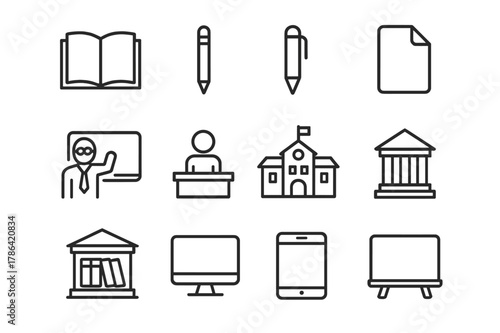 Education Icon Set. education. Line icon set of education: book, pencil, pen, paper, teacher, student, school, university, library, computer, tablet,