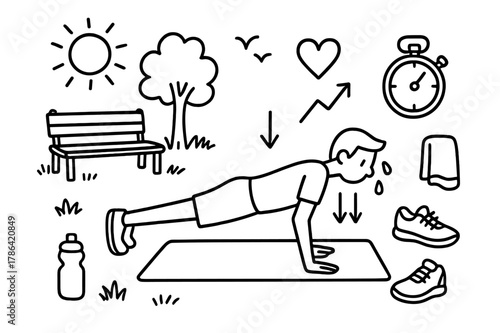 Outdoor Fitness Doodle. Outdoor workout. Hand-drawn doodle illustration outdoor workout park bench, grass, tree, push-up pose, mat, water bottle, sun, birds,