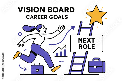 Career Vision Board. Vision Board ? Career Goals. A tidy ladder leans toward a glowing goal star; caption ?Next Role? pins to a card. Minimal briefcase and