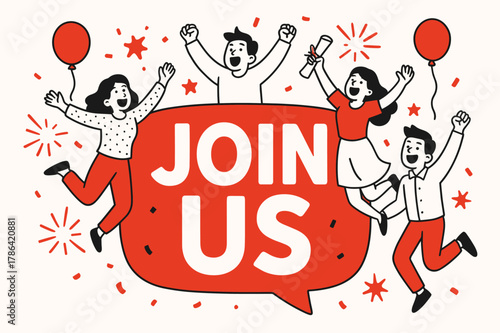 Join Us Celebration. JOIN US banner, flat vector illustration, bold oversized text inside rounded blob, cartoon characters jumping and shouting interacting