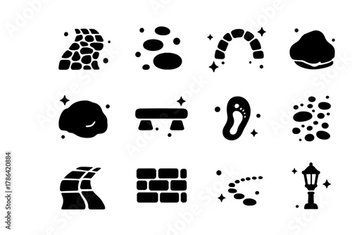 Stone Path Icons. Stone Path. Solid icons set of Stone Path: cobblestone path, stepping stones, garden trail, stone arch, mossy rock, bridge slab, footstep