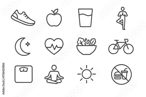 Healthy Lifestyle Icons. Healthy Lifestyle. Line icon set of Healthy Lifestyle: running shoe, apple fruit, water glass, yoga pose, sleep moon, heart beat,