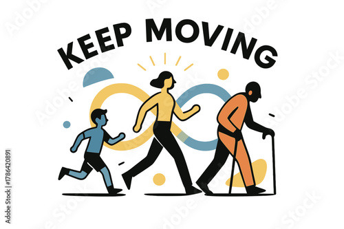 Eternal Movement. Longevity & Vitality. Generations of silhouettes move in rhythm?child, adult, elder?all connected by a glowing infinity loop. ?Keep Moving?