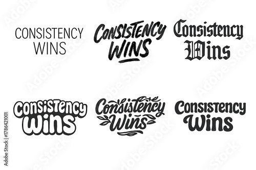 Diverse Lettering Styles. Consistency Wins. Set lettering. harmonious lettering variations of the same emblematic concept, each with different artistic