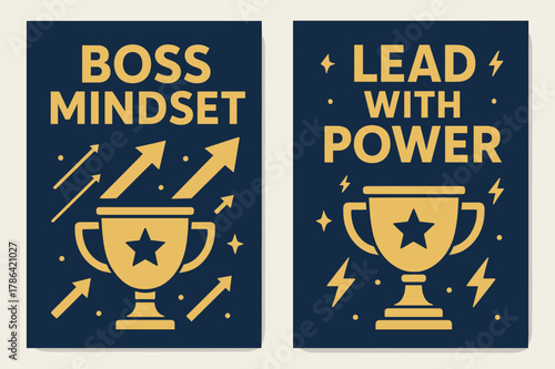 Boss Leadership Banners. Boss mindset. Two vertical A6 banners with safe margins, centered composition, no elements touching edges, bold, navy and gold,