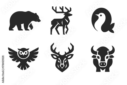 Eurasian Wildlife Logos. Eurasia. Set Logo of Eurasian Wildlife: Filled silhouette, Abstract geometric, Negative space, Symmetrical form, Stylized detail,