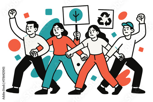 Vibrant Environmental Unity. Environmental Protests. Protesters forming a human chain with floating abstract geometric shapes and green accents, strong and